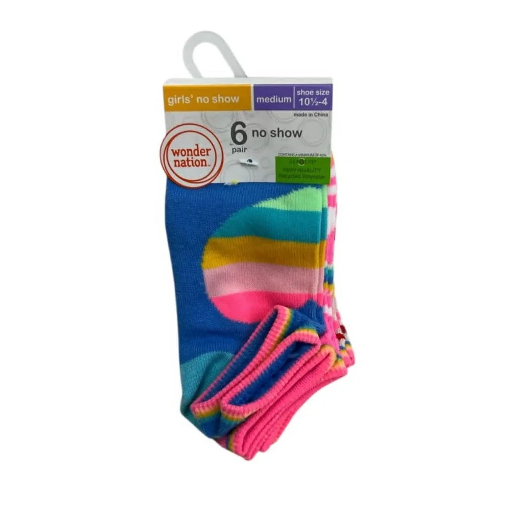 Wonder Nation Girls Colorful 6 pk No Show Socks Kids 10.5-4